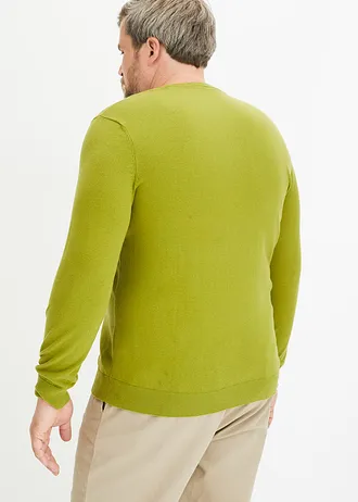 Fijngebreide trui met V-hals in een zachte katoenmix, Kleur: mosgroen