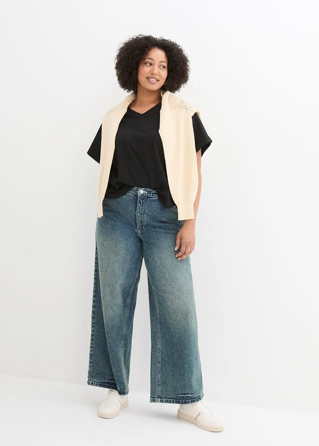 Jean large taille haute, peu extensible, Couleur: bleu stone used