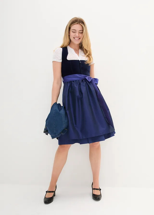 Dirndl met fluweel in midi lengte (2-dlg. set), Kleur: donkerblauw-middernachtblauw