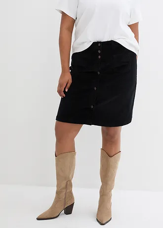 Jupe boutonnée en velours côtelé extensible, Couleur: noir