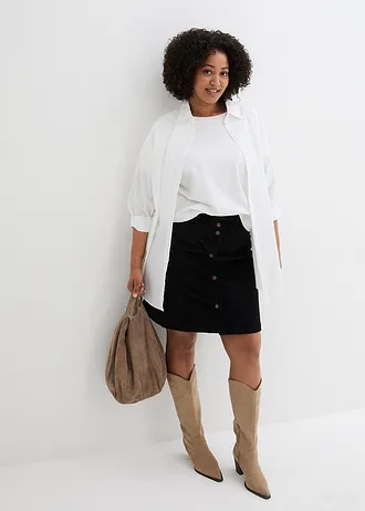 Jupe boutonnée en velours côtelé extensible, Couleur: noir