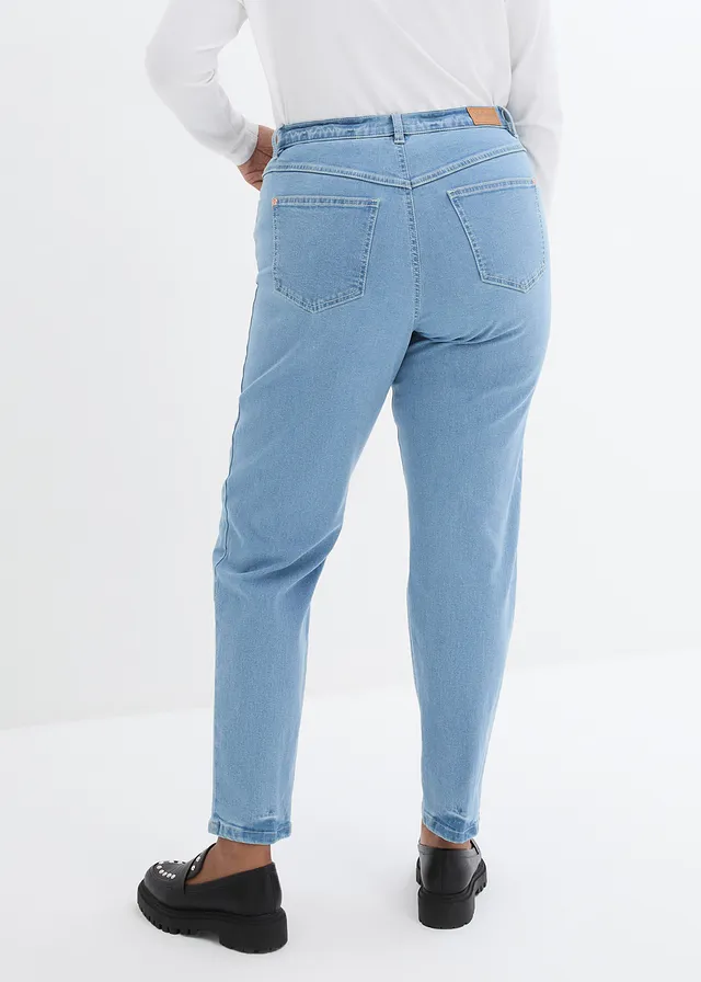 Jean mom taille haute, extensible, Couleur: bleu clair denim used