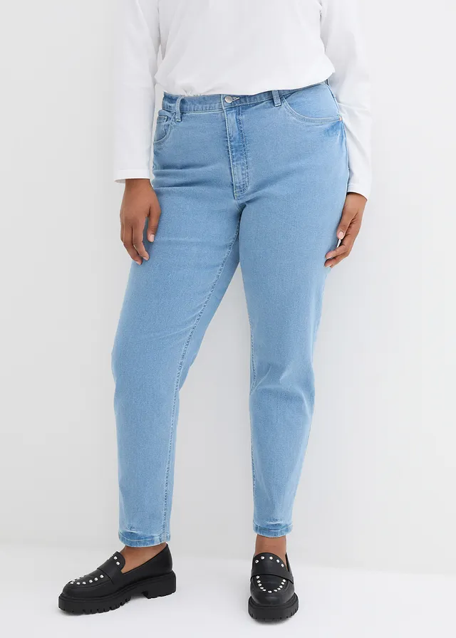 Mom stretch jeans, high waist, Kleur: lichtblauw denim used