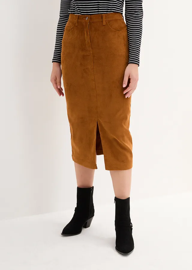 Jupe midi en velours côtelé, extensible, Couleur: bronze