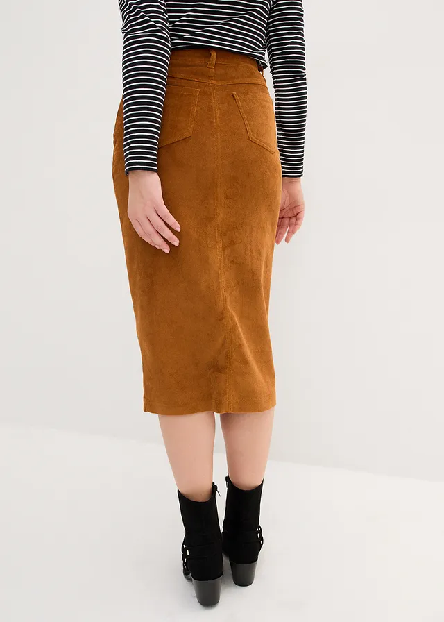 Jupe midi en velours côtelé, extensible, Couleur: bronze