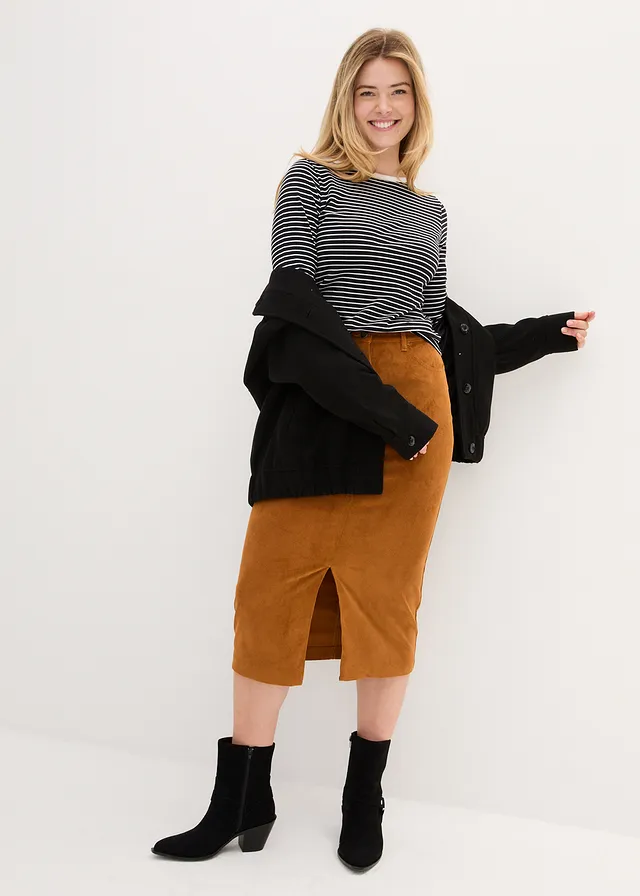 Jupe midi en velours côtelé, extensible, Couleur: bronze