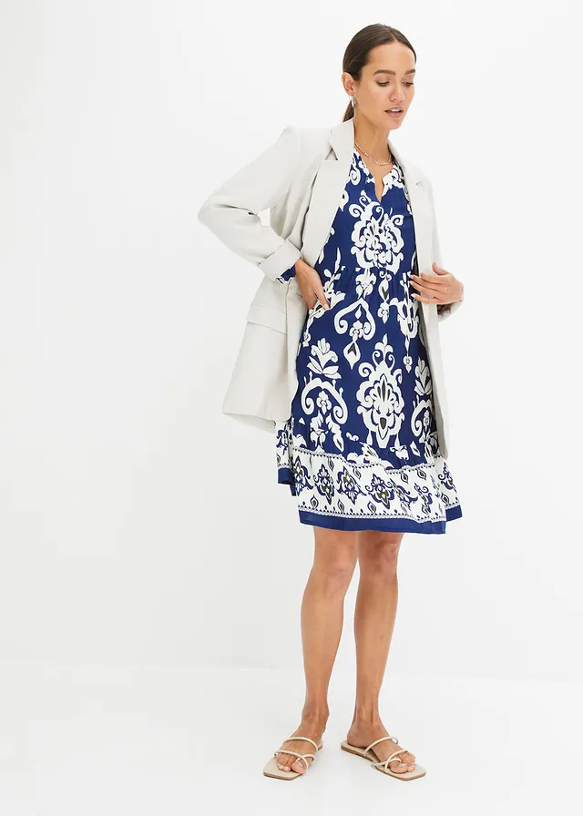 Rochie gen tunică din viscoză fluidă • albastru întunecat/ecru cu imprimeu • magazin bonprix