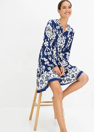 Robe-tunique imprimée en viscose fluide • bleu nuit-écru imprimé • Boutique bonprix