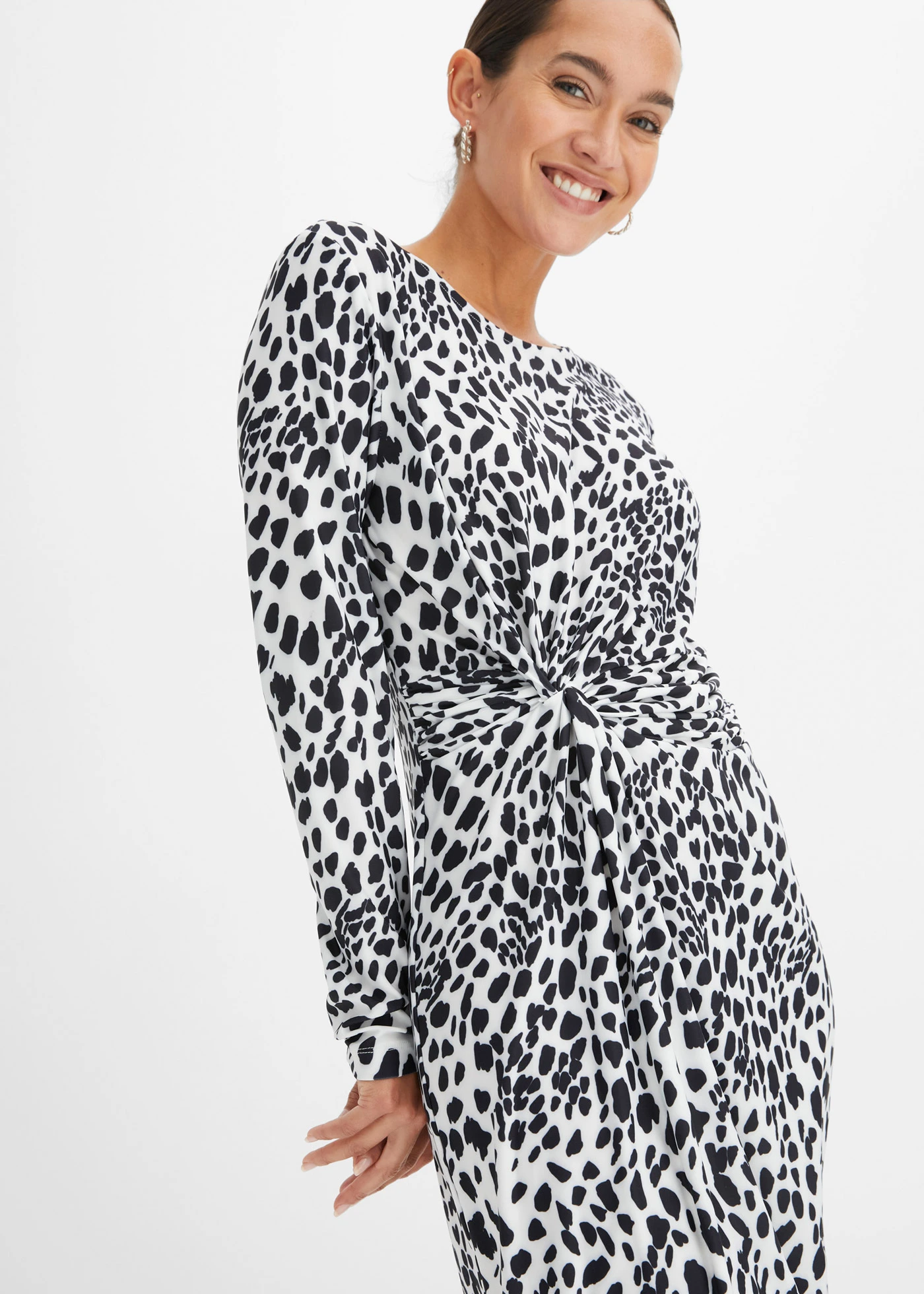 Jurk met knoopdetail • wit-zwart denim gedessineerd • bonprix online shop