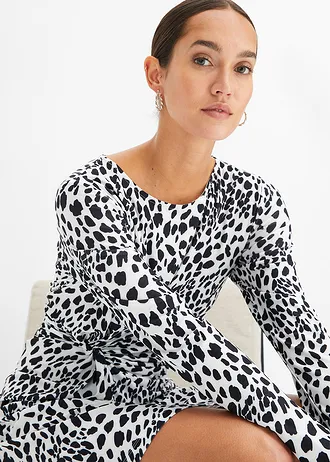 Jurk met knoopdetail • wit-zwart denim gedessineerd • bonprix online shop