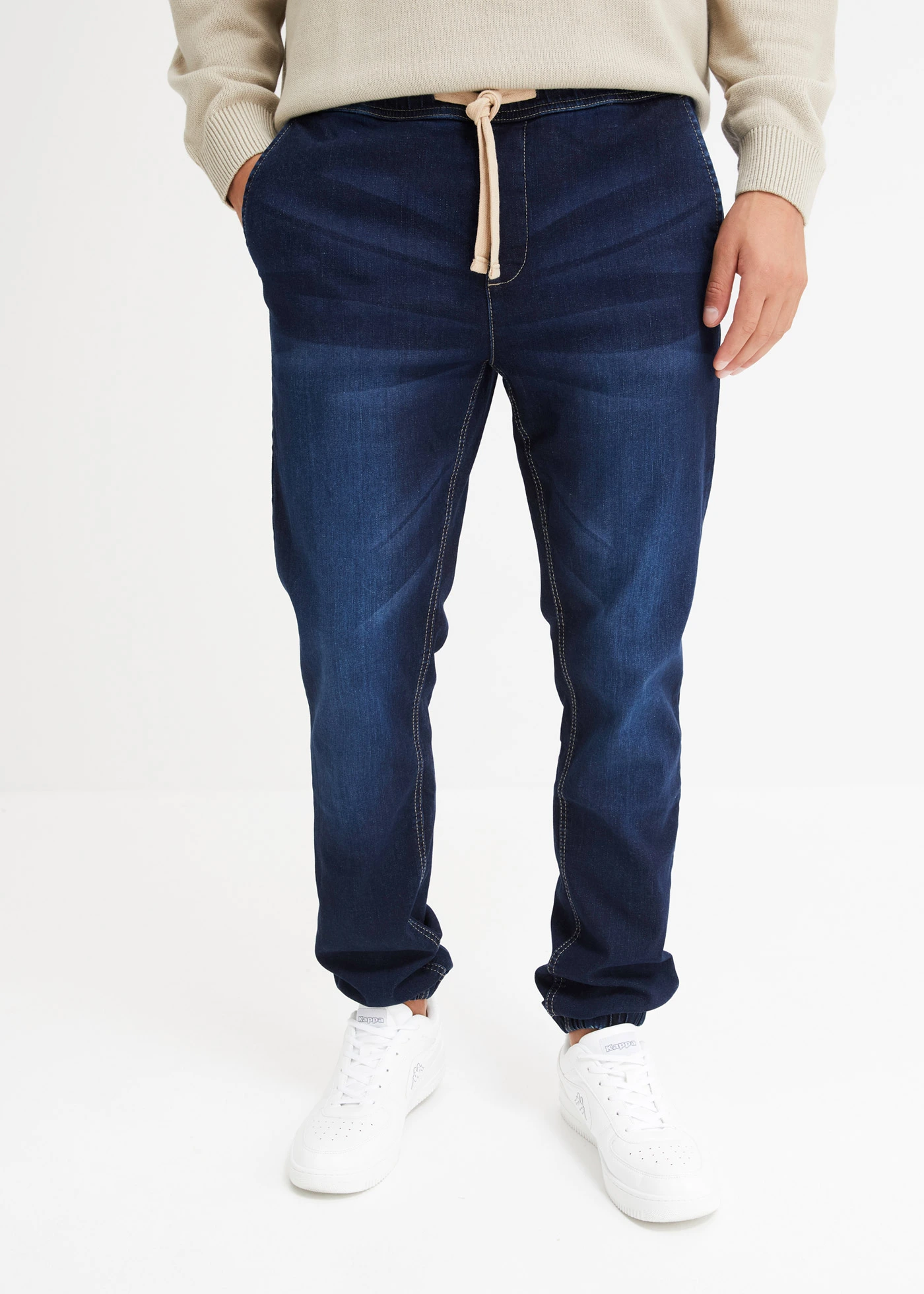 Regular Fit farmer-jogger elasztikus derékpánttal, Tapered • sötétkék denim • bonprix áruház