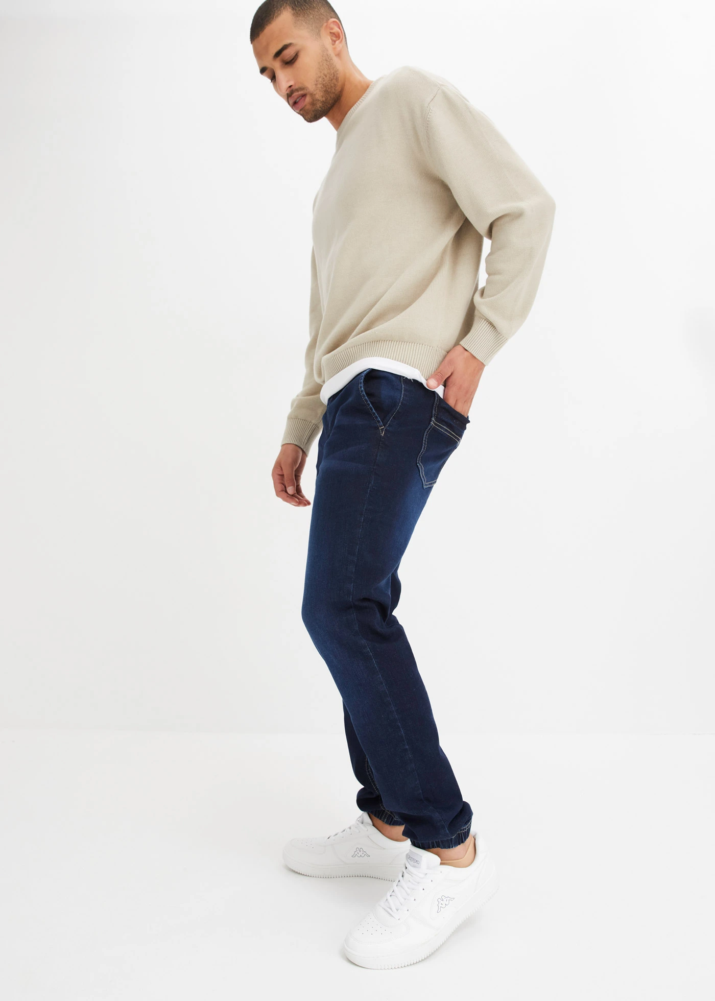 Regular Fit farmer-jogger elasztikus derékpánttal, Tapered • sötétkék denim • bonprix áruház