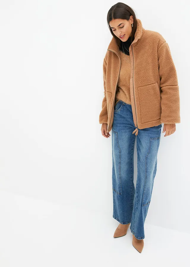 Gevoerde teddy fleece jas, Kleur: camel