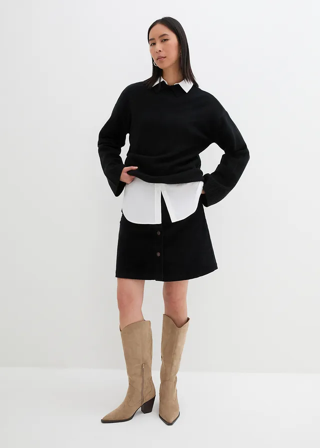 Stretch corduroy rok met knoopsluiting, Kleur: zwart