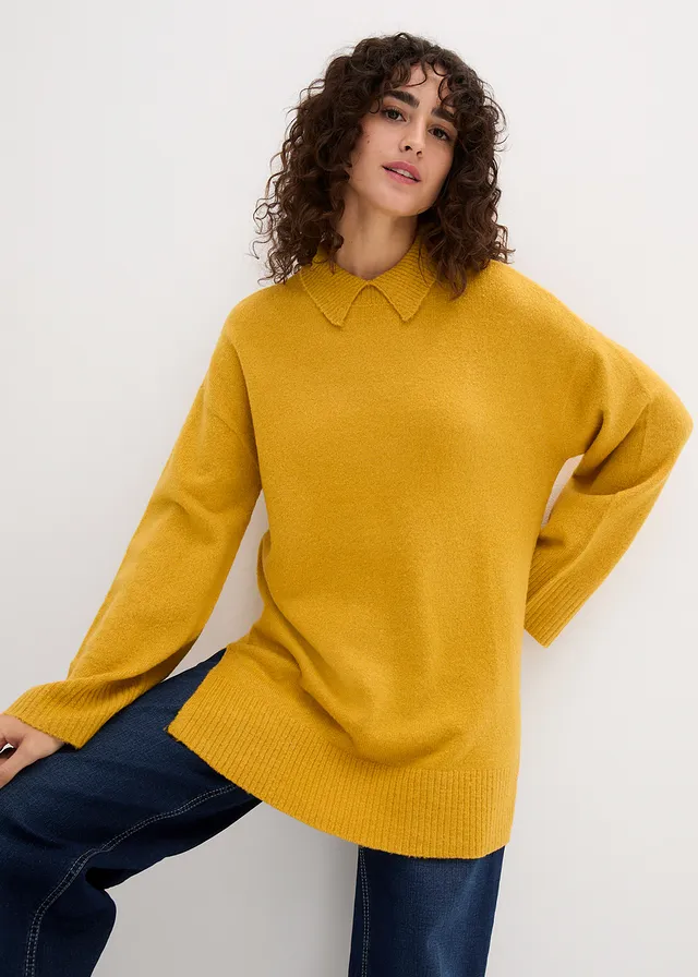 Oversized trui met col en zijsplitten, Kleur: okergoud
