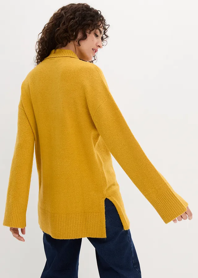 Oversized trui met col en zijsplitten, Kleur: okergoud