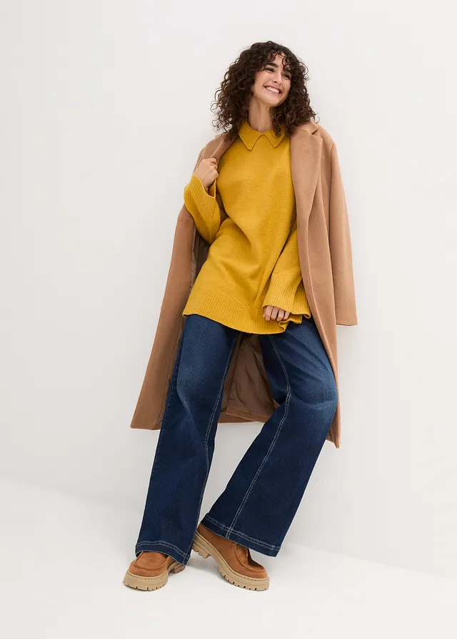 Oversized trui met col en zijsplitten, Kleur: okergoud