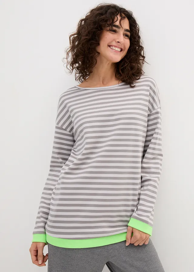 Shirt met trompetmouwen • mat zilverkleur-grijs strepen • product-page.page-title-suffix