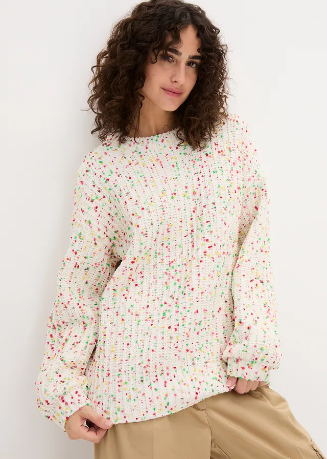 Pull oversize en grosse maille, Couleur: écru pois
