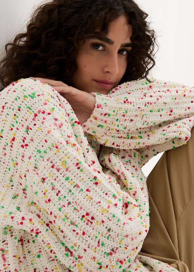 Gruby sweter oversize • w kropki biel wełny • sklep bonprix