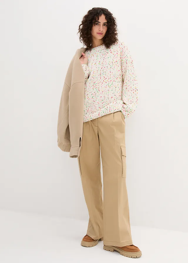 Pull oversize en grosse maille, Couleur: écru pois