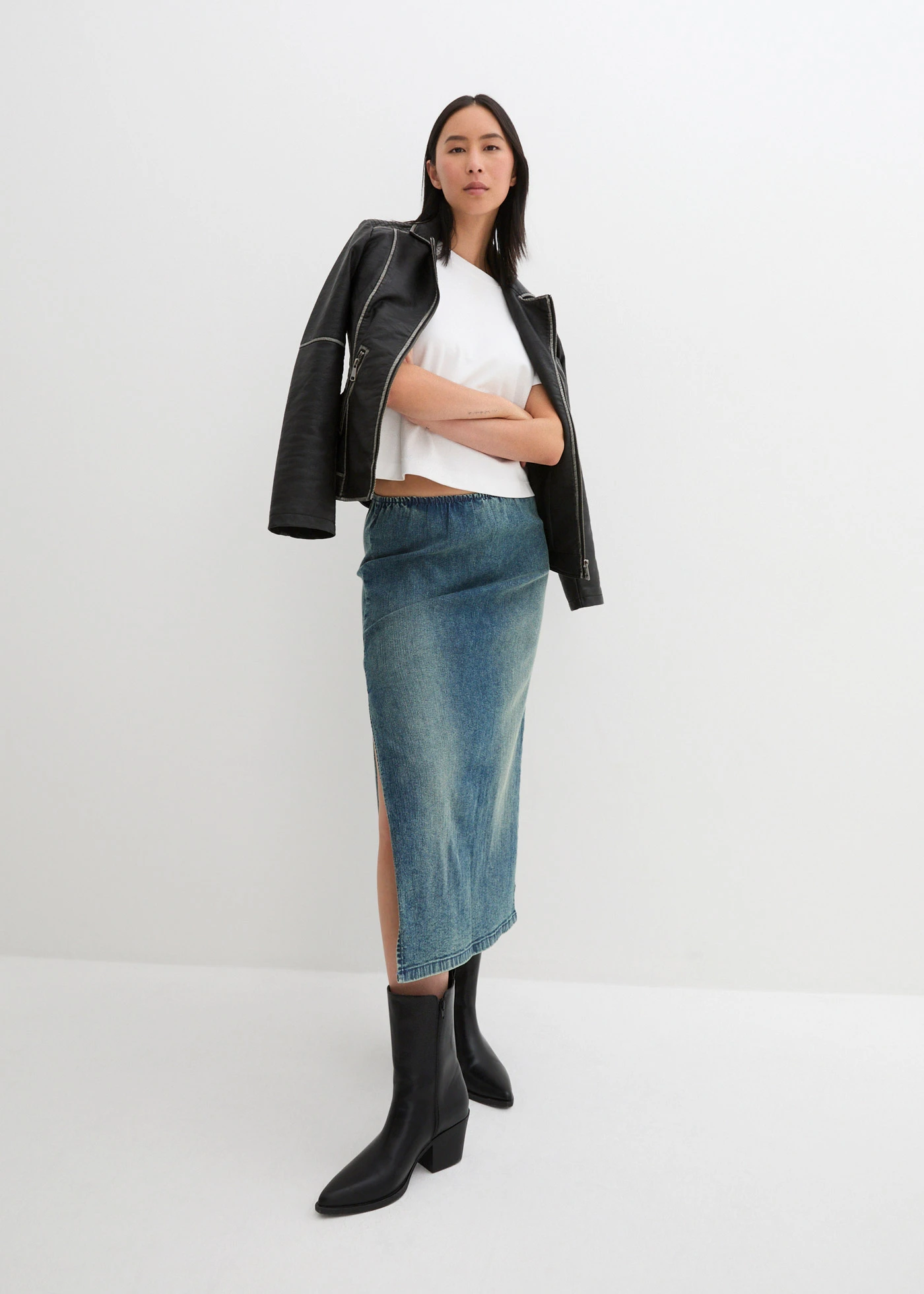 Lange stretch spijkerrok • blauw denim used • bonprix online shop