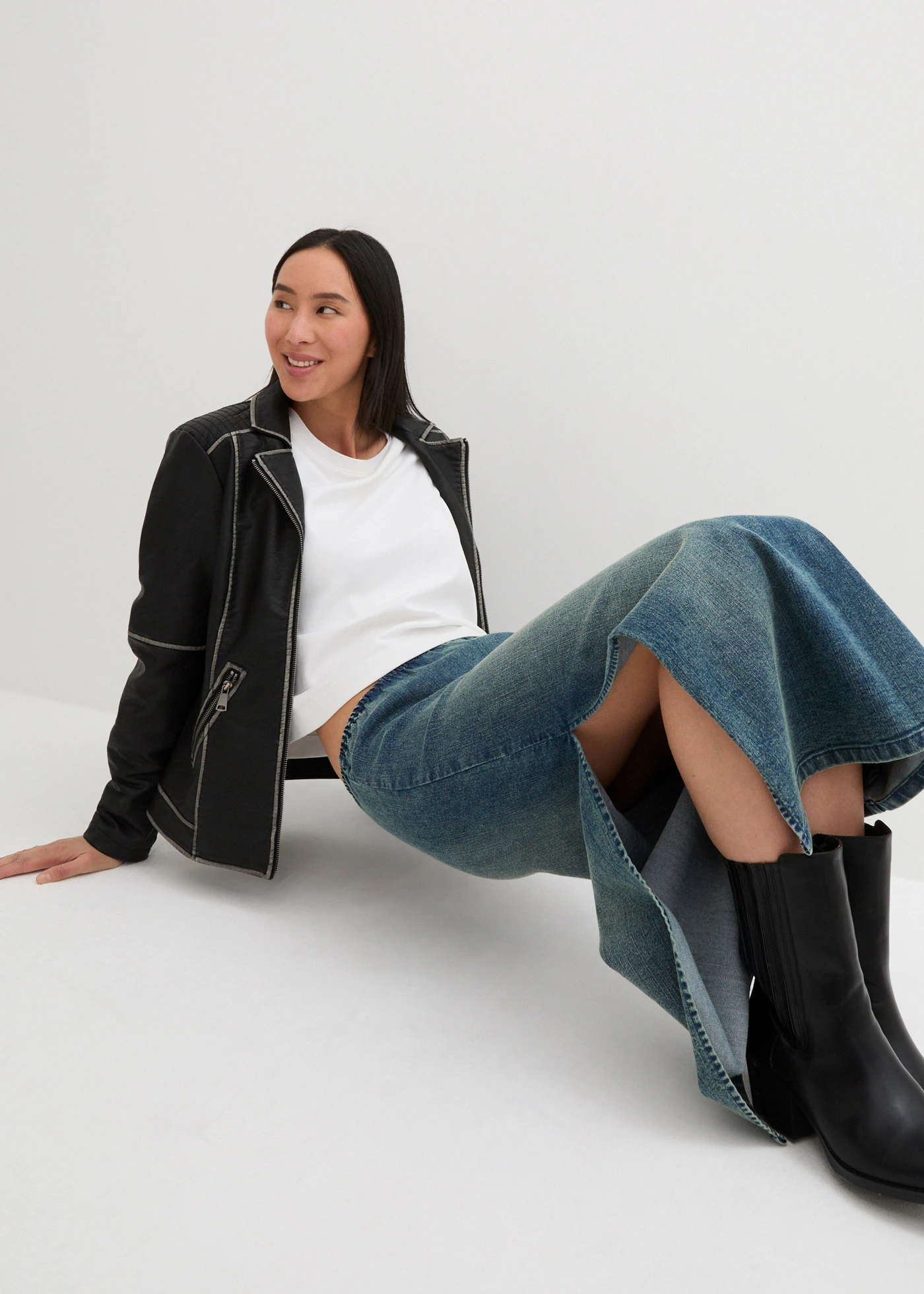 Lange stretch spijkerrok • blauw denim used • bonprix online shop