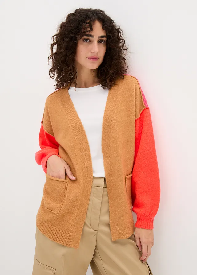 Gilet en maille oversize, motif color block, Couleur: beige crème-orange fluo-rose foncé