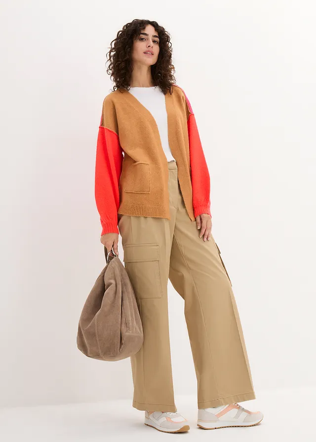 Gilet en maille oversize, motif color block, Couleur: beige crème-orange fluo-rose foncé
