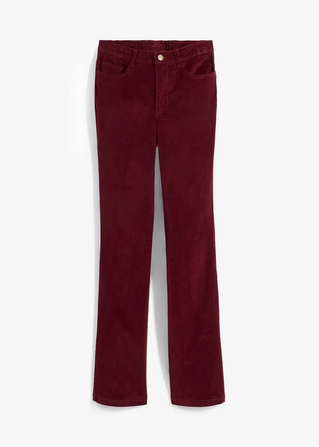 Strečové manšestrové kalhoty s pohodlným pasem, High Waist, barva: tmavě bobulová