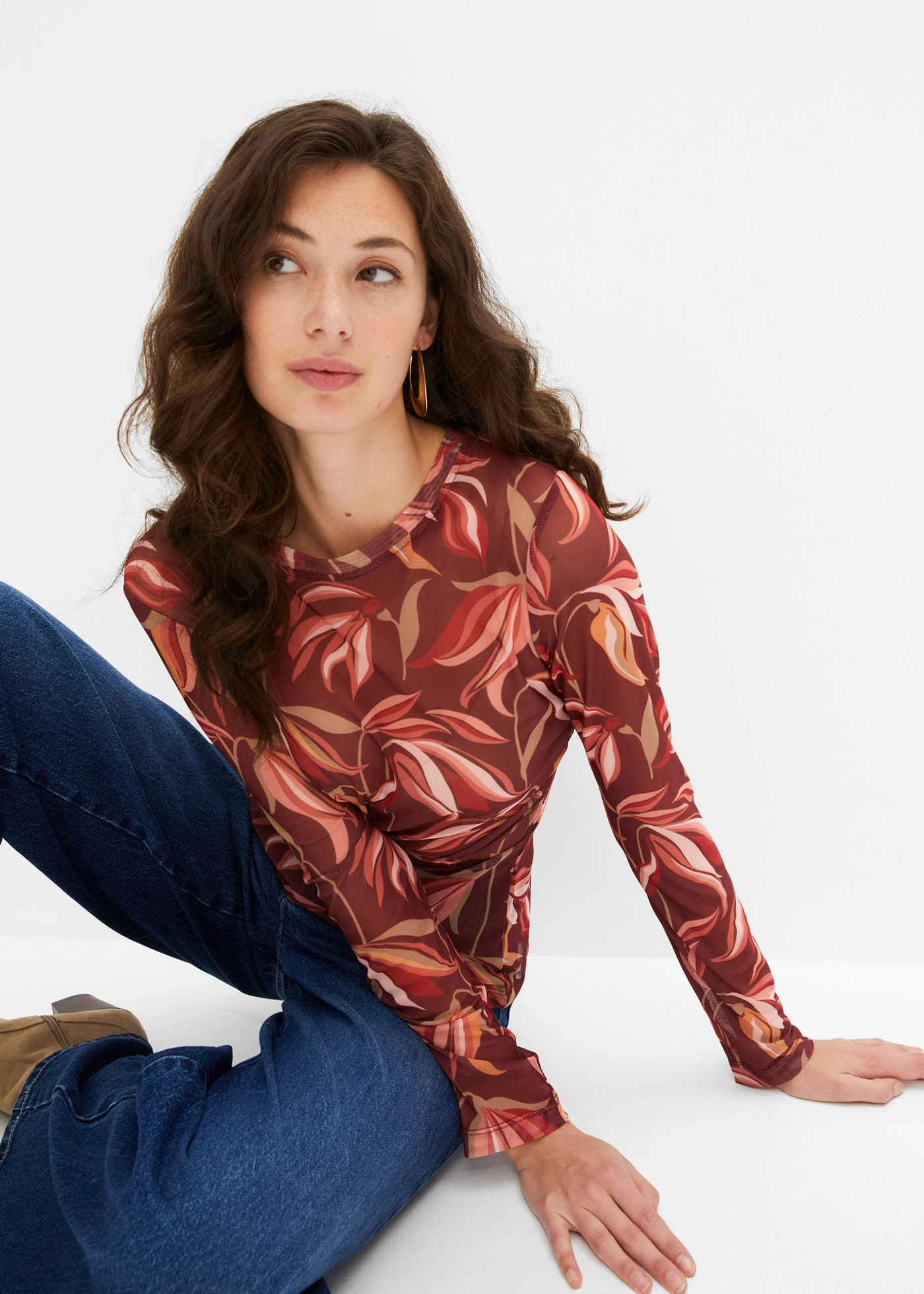 Longsleeve van mesh • robijnrood gebloemd • bonprix online shop