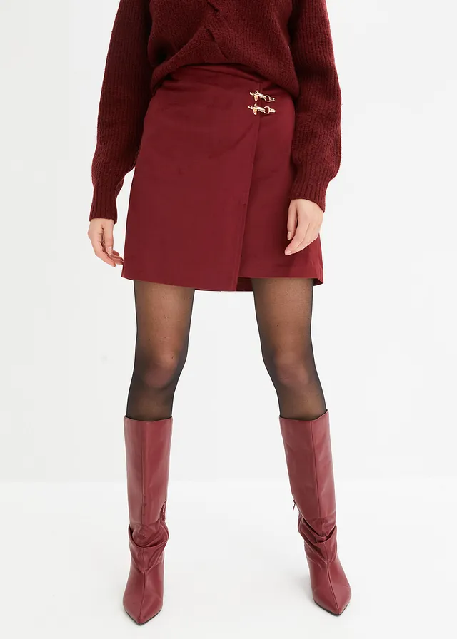 Wijd uitlopende rok in wikkellook, Kleur: robijnrood