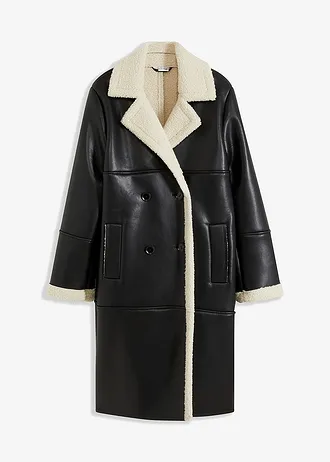 Lange imitatie lammy coat, Kleur: zwart-naturel