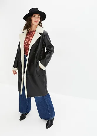 Lange imitatieleren jas • zwart-ecru • bonprix online shop