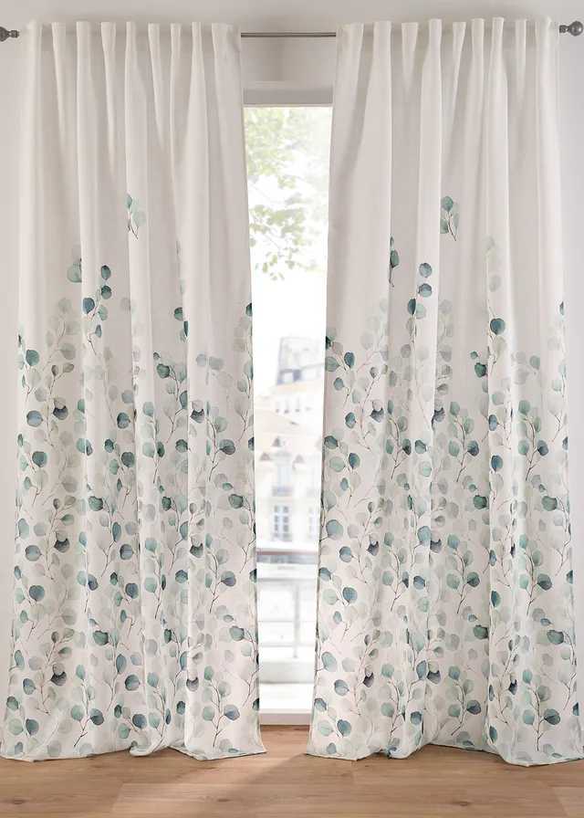 Rideau texturé avec un imprimé floral (1 pce), Couleur: blanc-vert