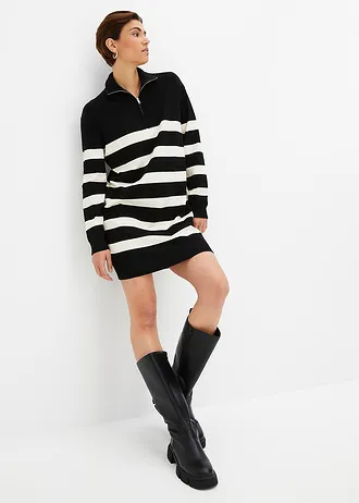 Gebreide mini jurk, Kleur: zwart-ivoorkleur gestreept