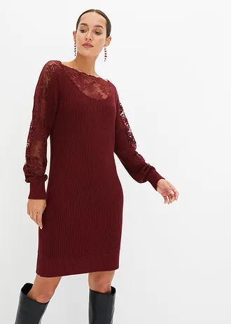 Gebreide jurk met kant • robijnrood • bonprix online shop