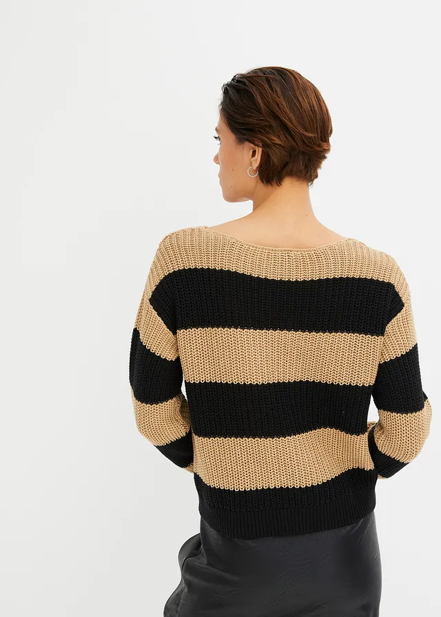 Gebreide trui met strepen, Kleur: new beige-zwart gestreept