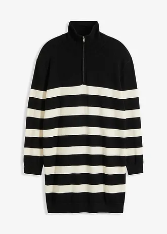 Gebreide mini jurk, Kleur: zwart-ivoorkleur gestreept