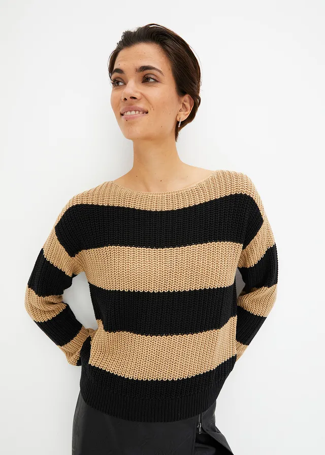 Gebreide trui met strepen, Kleur: new beige-zwart gestreept