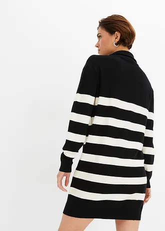 Gebreide mini jurk, Kleur: zwart-ivoorkleur gestreept