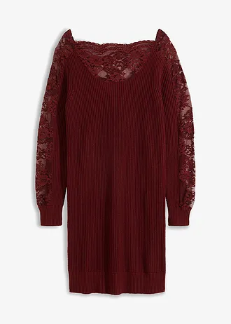 Gebreide jurk met kant • robijnrood • bonprix online shop