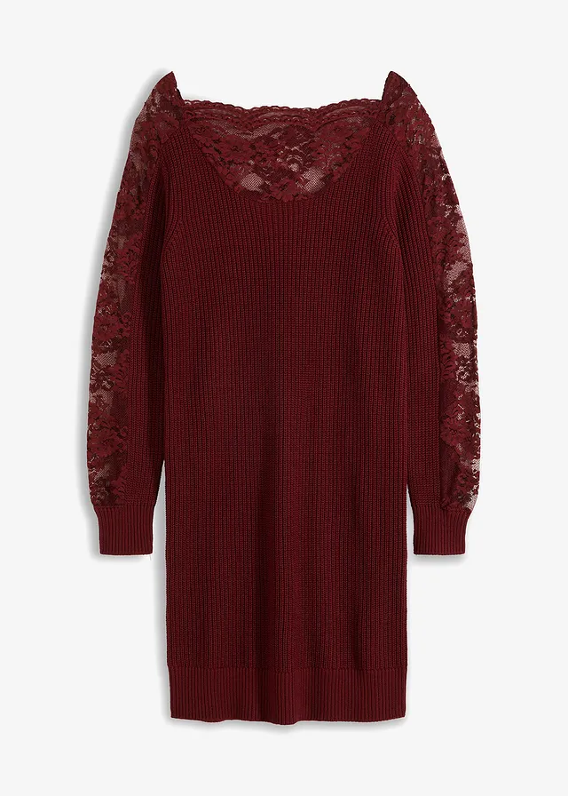 Gebreide jurk met kant • robijnrood • bonprix online shop