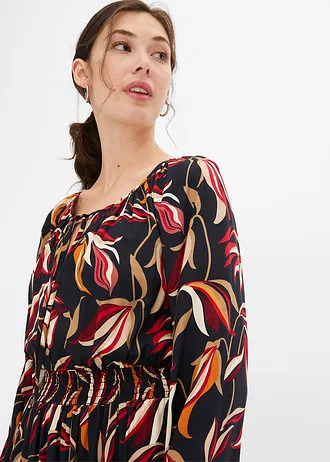 Viskózové tkané šaty s žabkovaným pasem, délka ke kolenům • černá • bonprix obchod