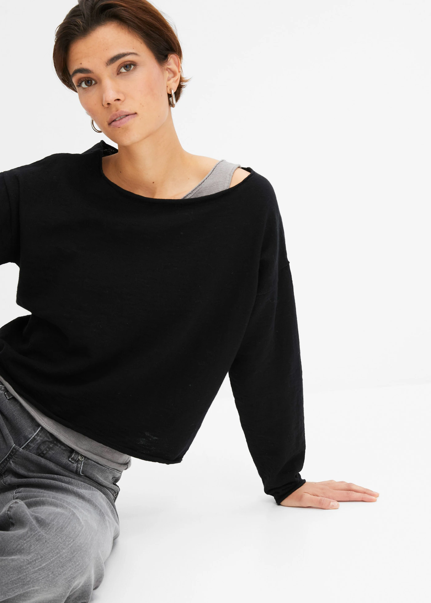 Svetr a top z čisté bavlny (2dílná souprava) • černá + šedá • bonprix obchod