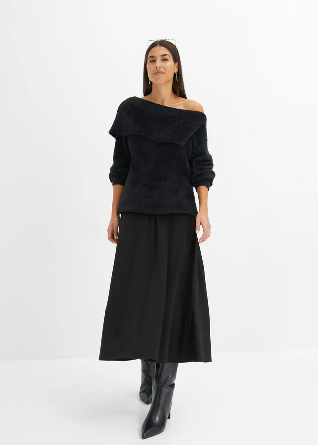 Pull à encolure Bardot asymétrique, Couleur: noir