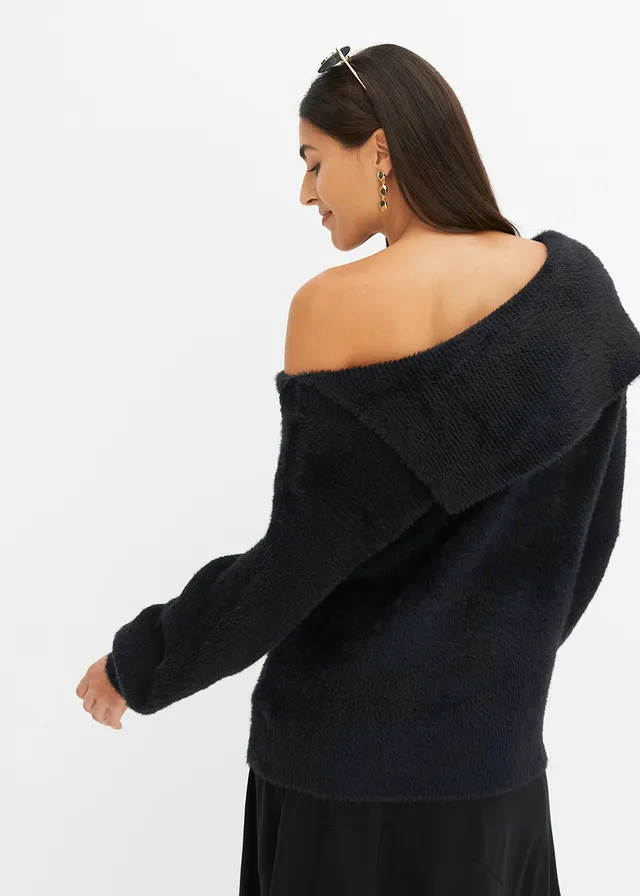 Pull à encolure Bardot asymétrique, Couleur: noir