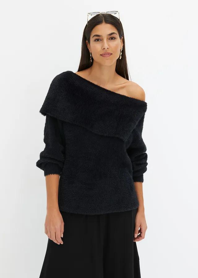 Pull à encolure Bardot asymétrique, Couleur: noir