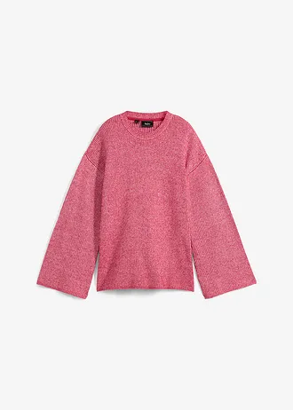 Sweter boxy w prążek • czerwony jeżynowy - biel wełny melanż • sklep bonprix