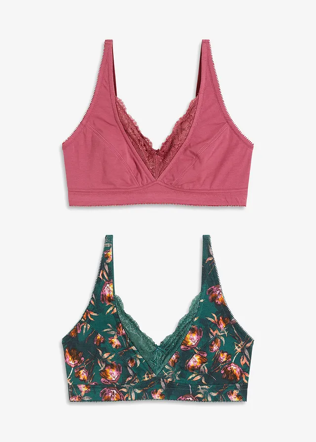 Podprsenka bez kostic, organická bavlna (2 ks v balení) • matně zelená s květy + bobulová • bonprix obchod